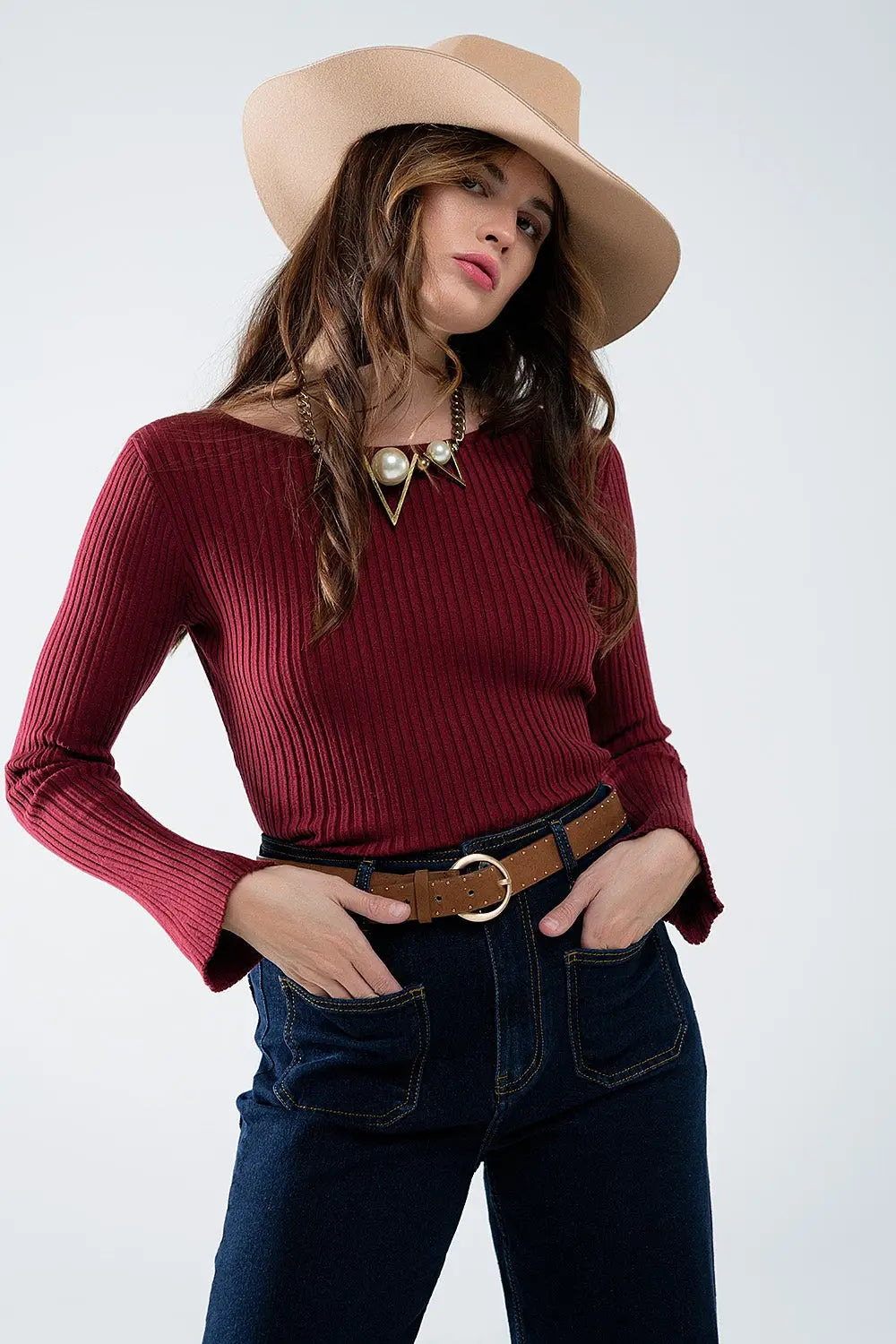 open back burgundy ribbed sweater - Sweaters
