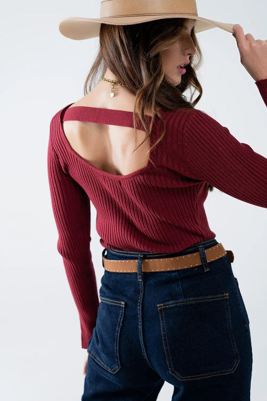 open back burgundy ribbed sweater - Sweaters