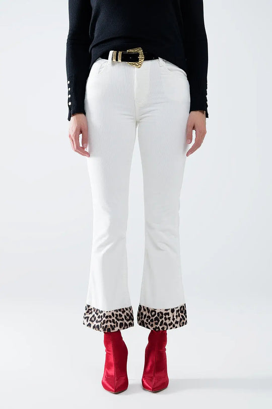 Cream Corduroy flare pants with leopard print at the bottom - Pants