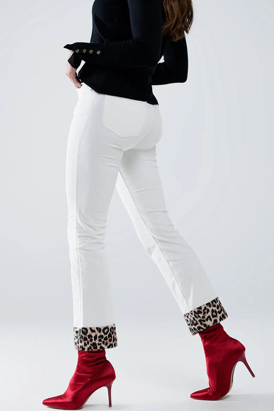 Cream Corduroy flare pants with leopard print at the bottom - Pants