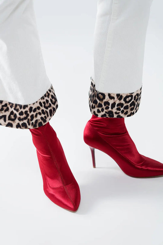 Cream Corduroy flare pants with leopard print at the bottom - Pants