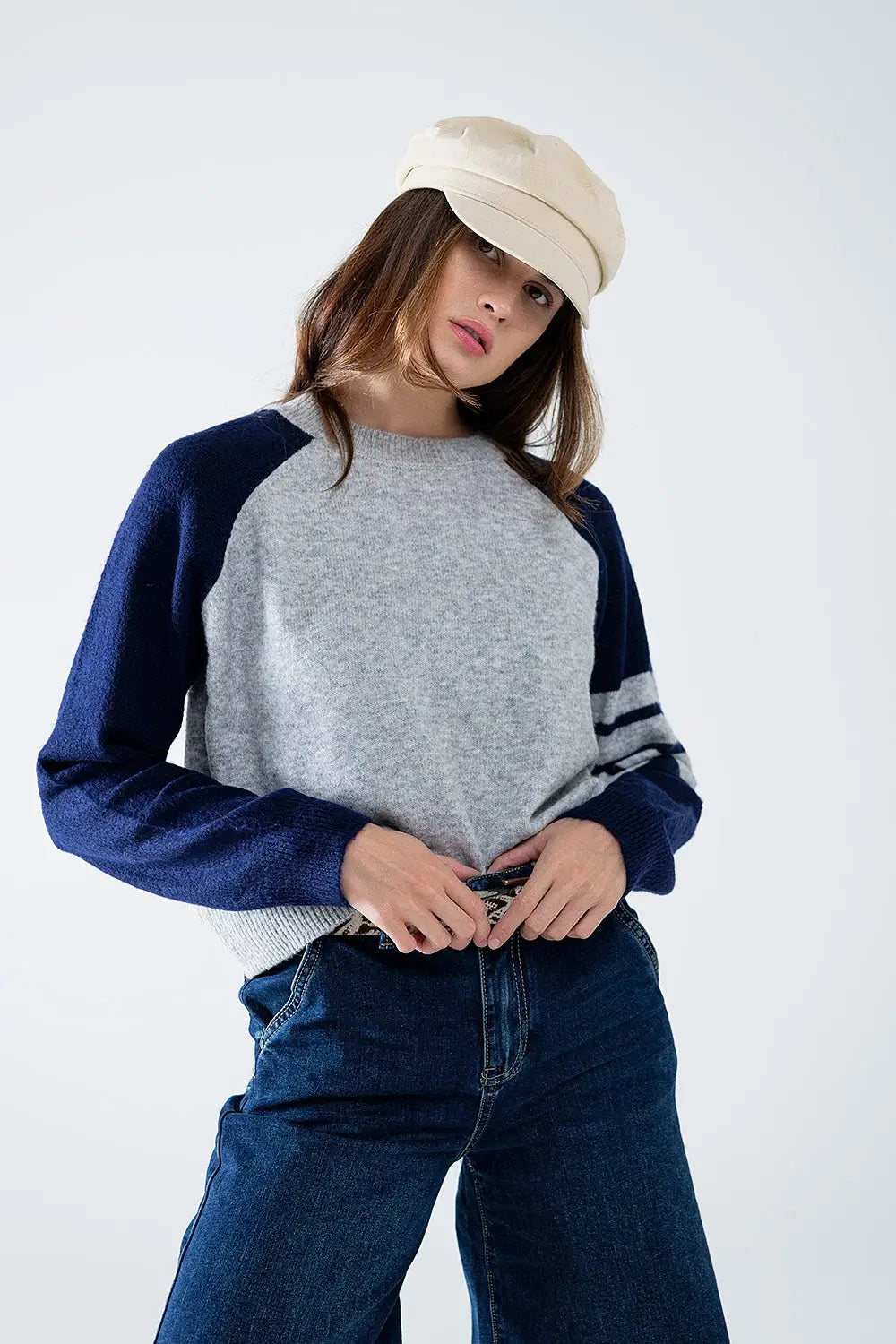 Bi-Color Raglan Sleeve pullover in Navy and Grey - Sweaters