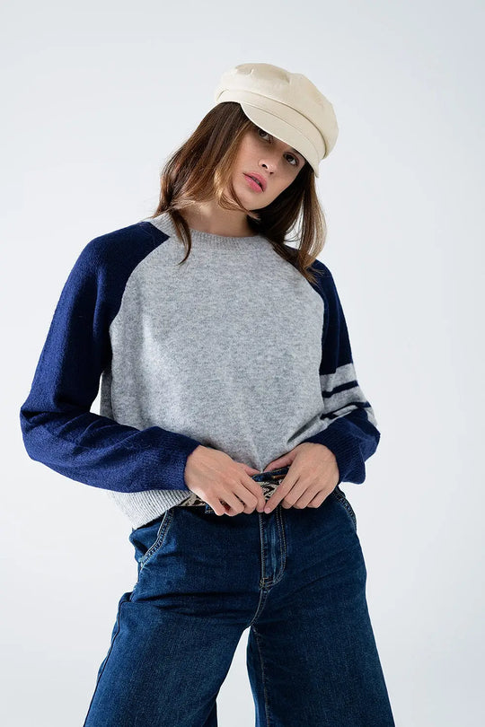 Bi-Color Raglan Sleeve pullover in Navy and Grey - Sweaters