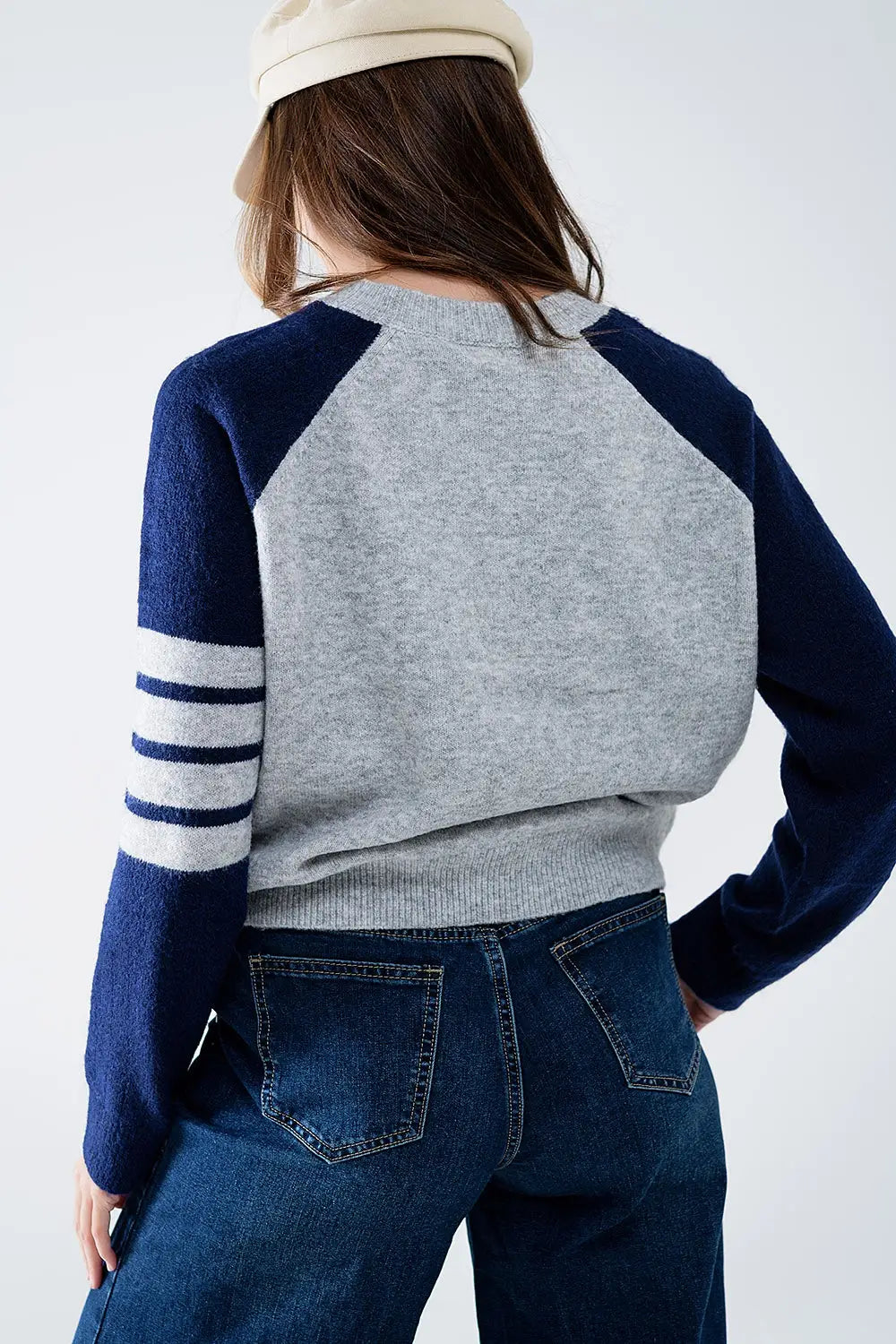 Bi-Color Raglan Sleeve pullover in Navy and Grey - Sweaters