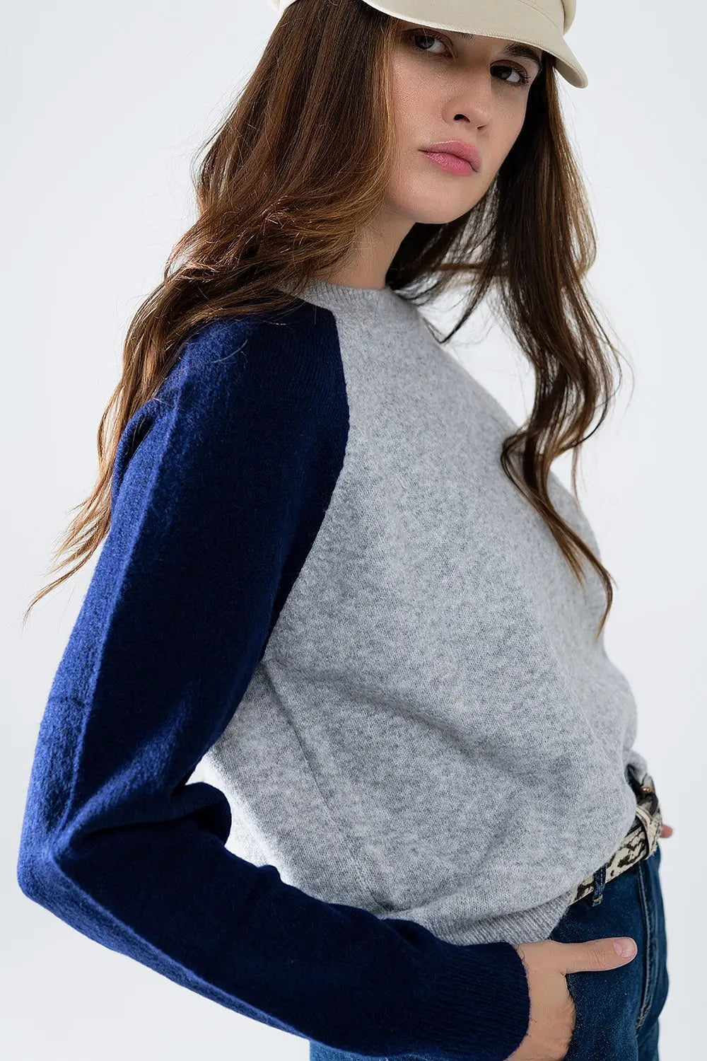 Bi-Color Raglan Sleeve pullover in Navy and Grey - Sweaters