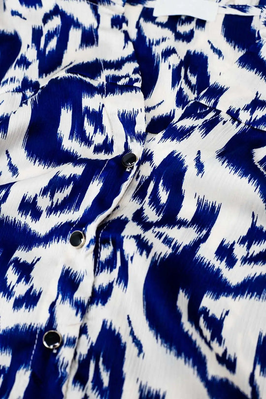 Balloon Sleeve Abstract Print Blouse in Navy and White - Shirts