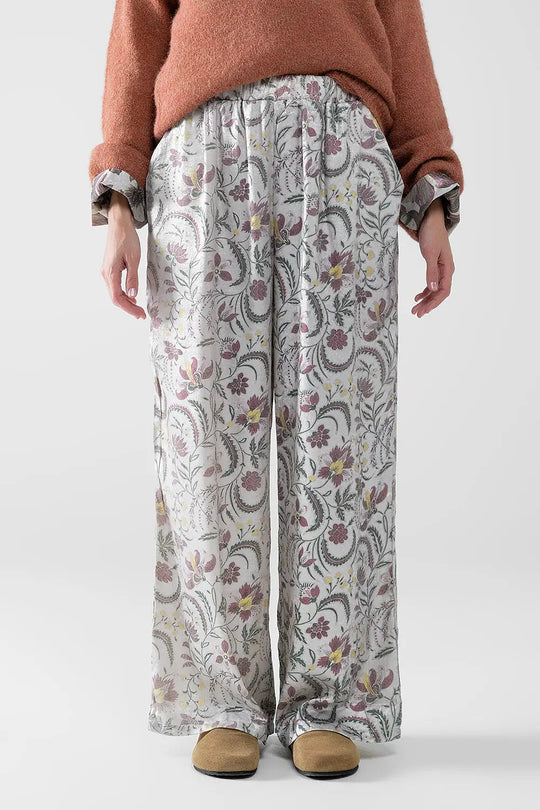 gray flower printed satin pants - Pants