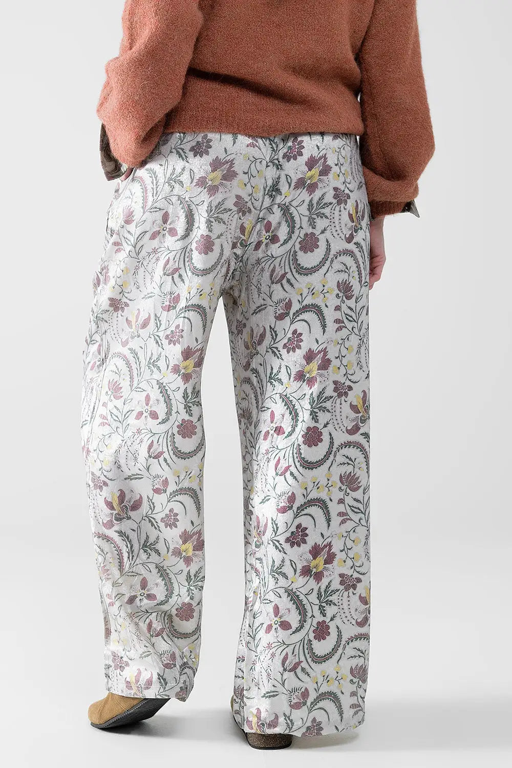 gray flower printed satin pants - Pants