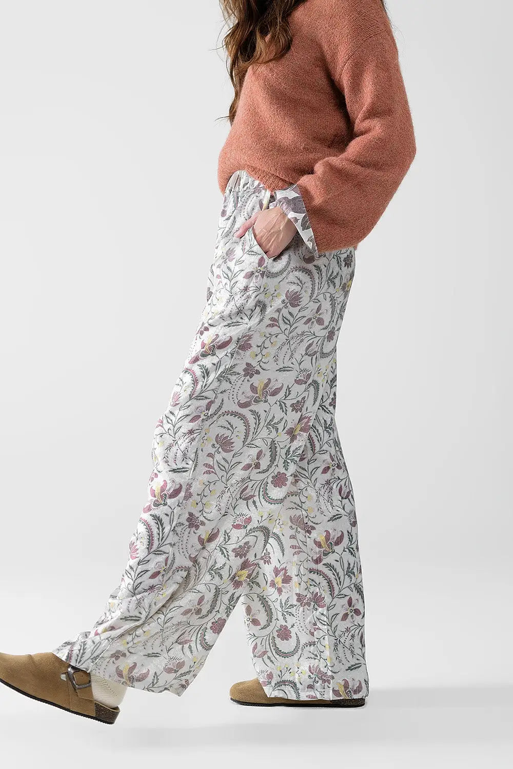 gray flower printed satin pants - Pants
