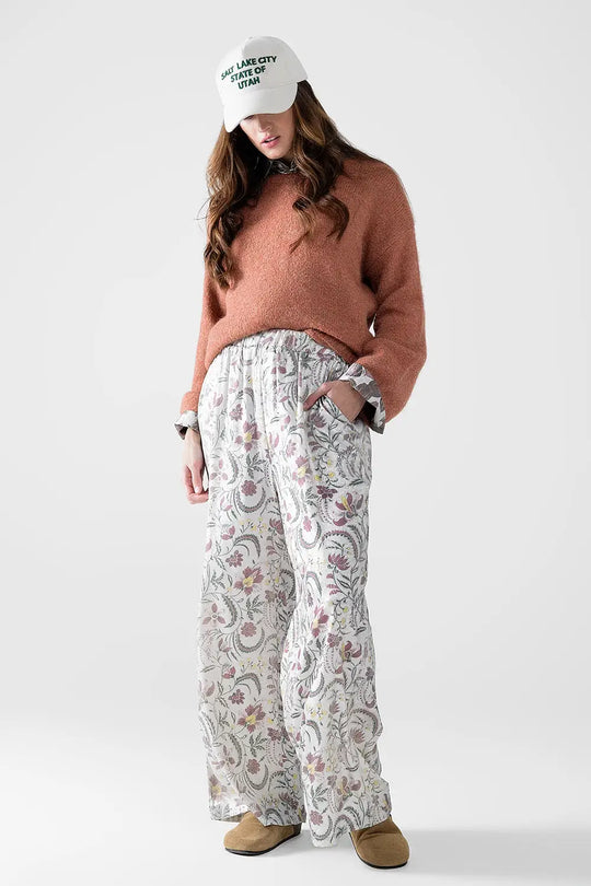 gray flower printed satin pants - Pants