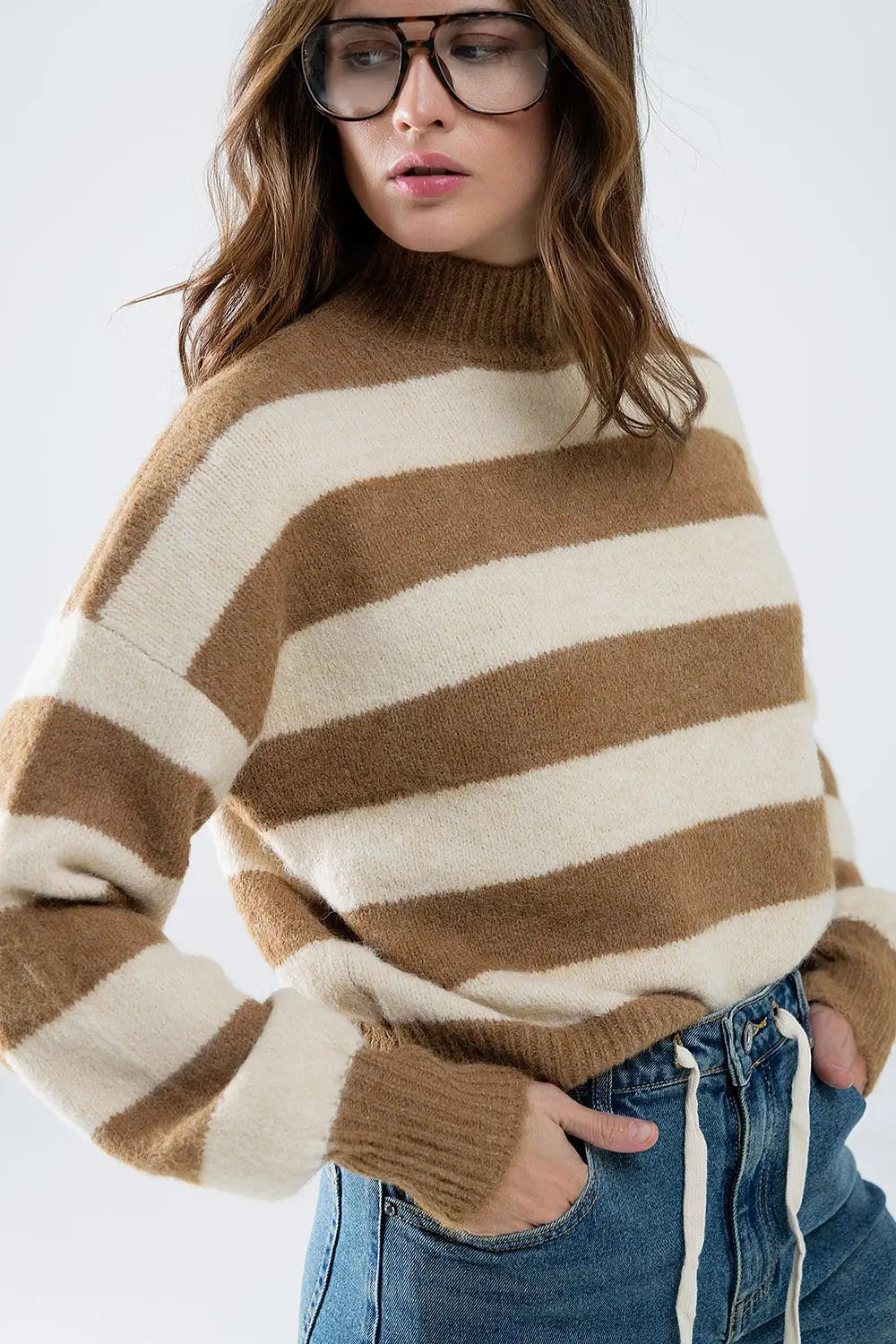 Beige striped turtleneck sweater - Sweaters