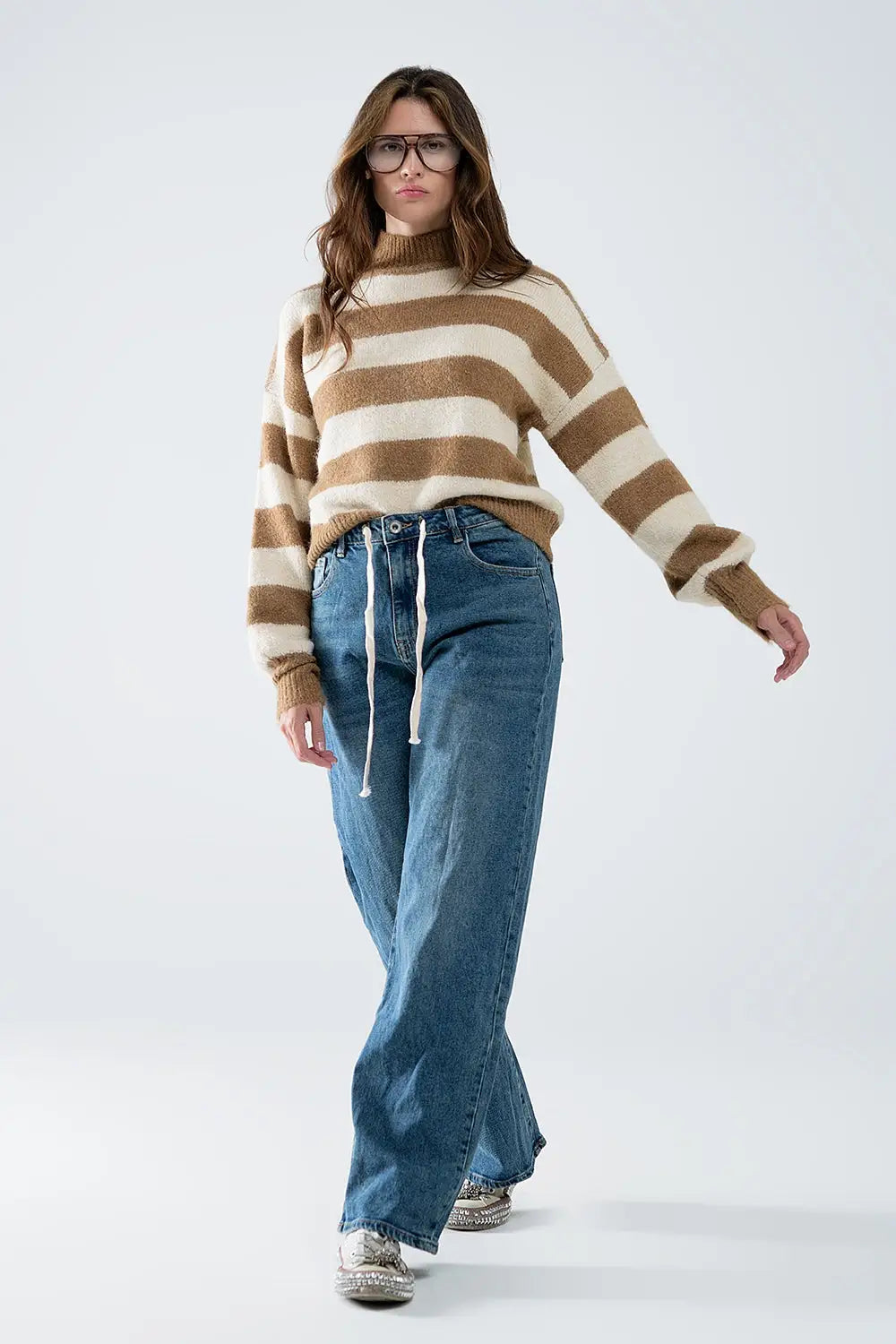 Beige striped turtleneck sweater - Sweaters