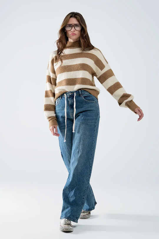 Beige striped turtleneck sweater - Sweaters