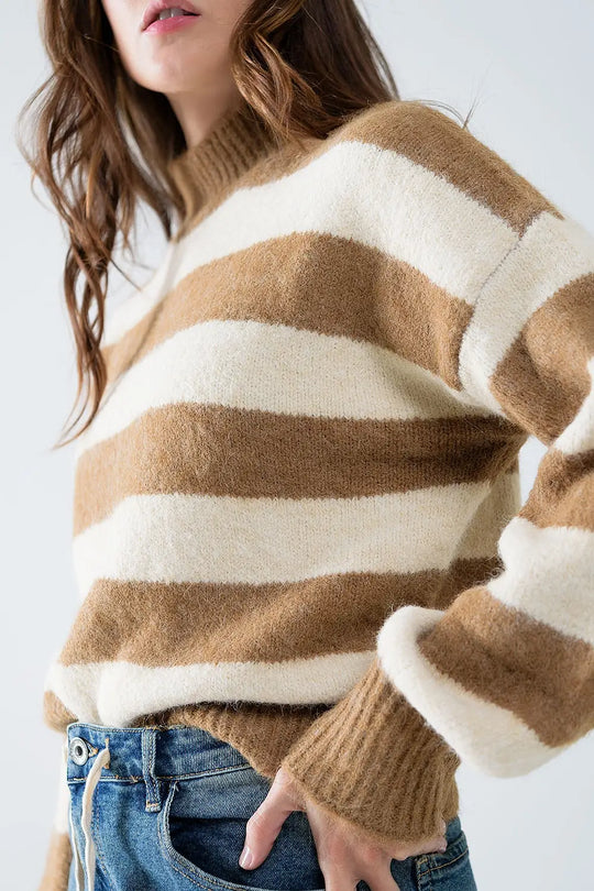 Beige striped turtleneck sweater - Sweaters