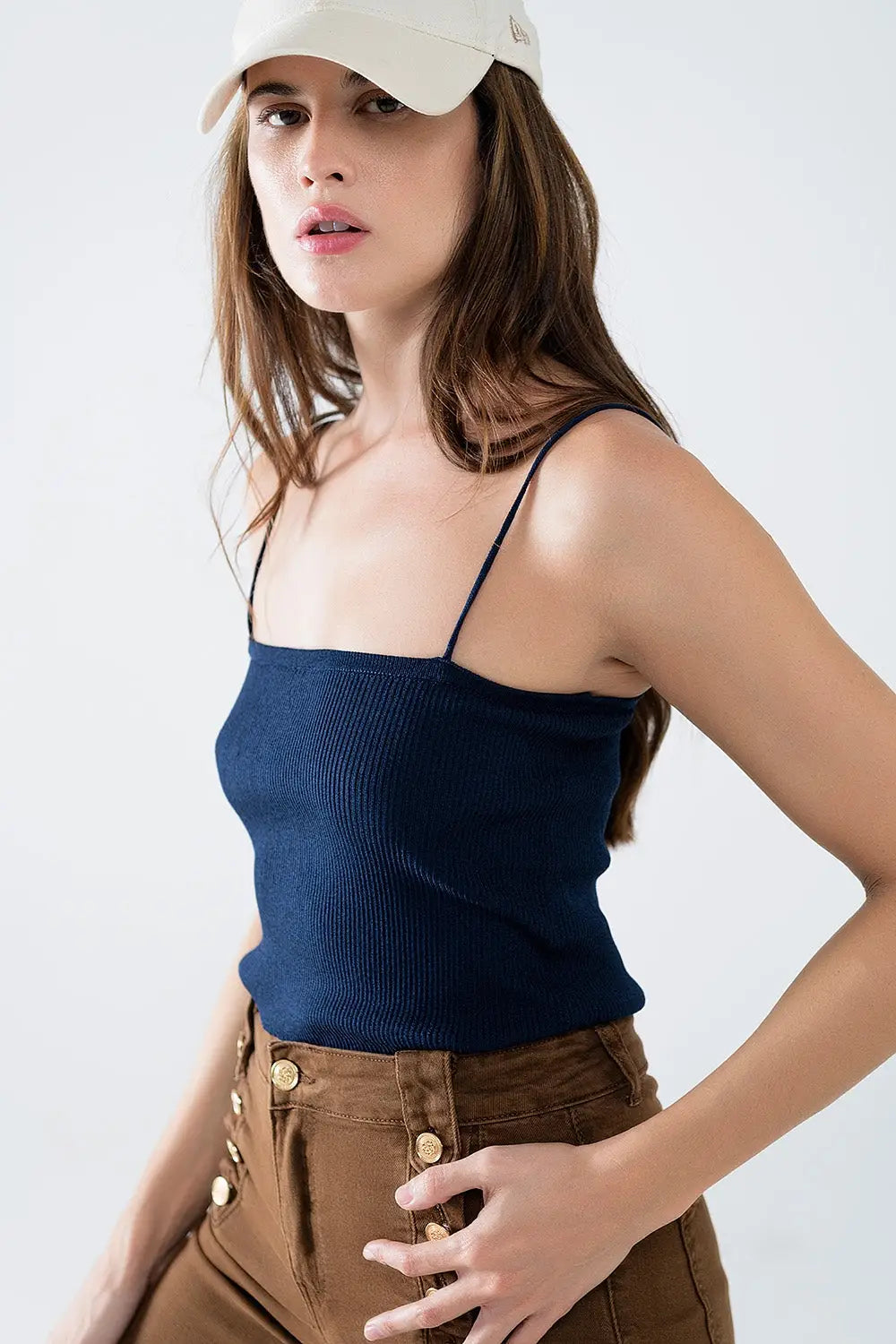Basic knitted Top In navy With Thin Straps - Tops Sweaters