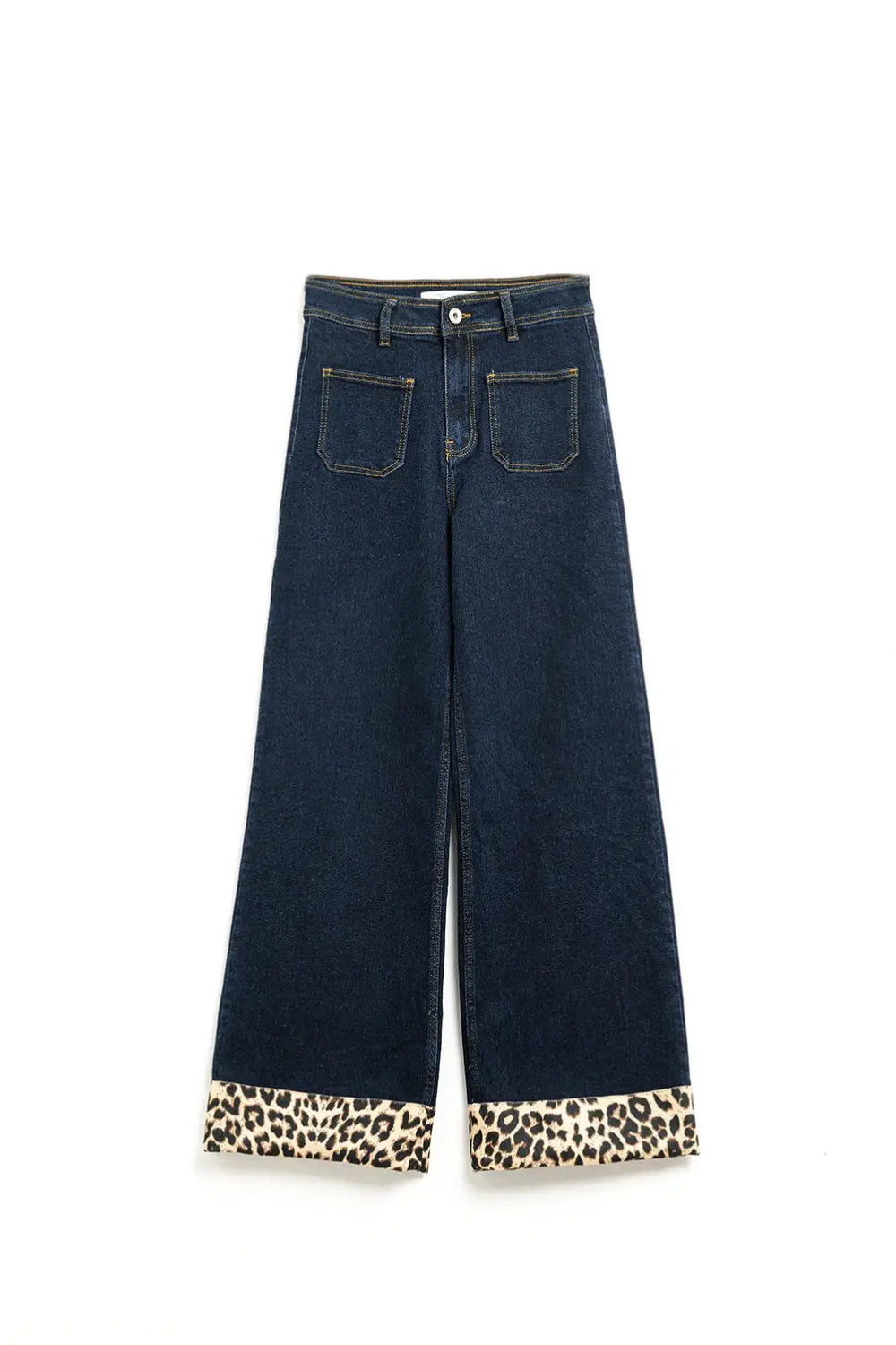 Dark wash wide leg jeans with leopard detail at the bottom