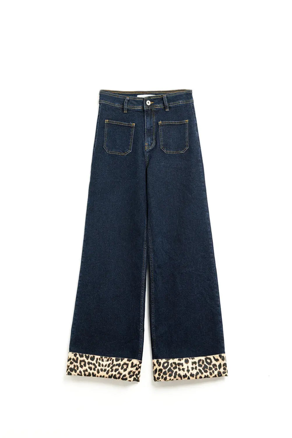 Dark wash wide leg jeans with leopard detail at the bottom