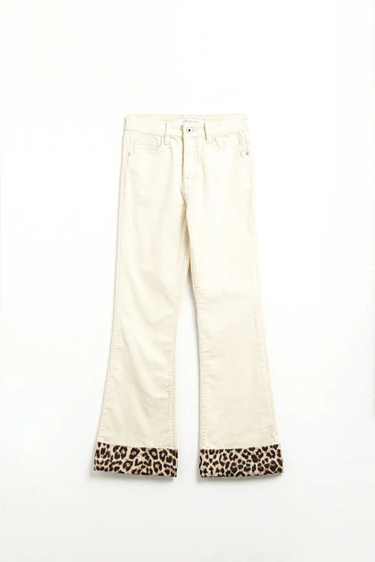 Light Beige Corduroy flare pants with leopard print at the bottom - Pants