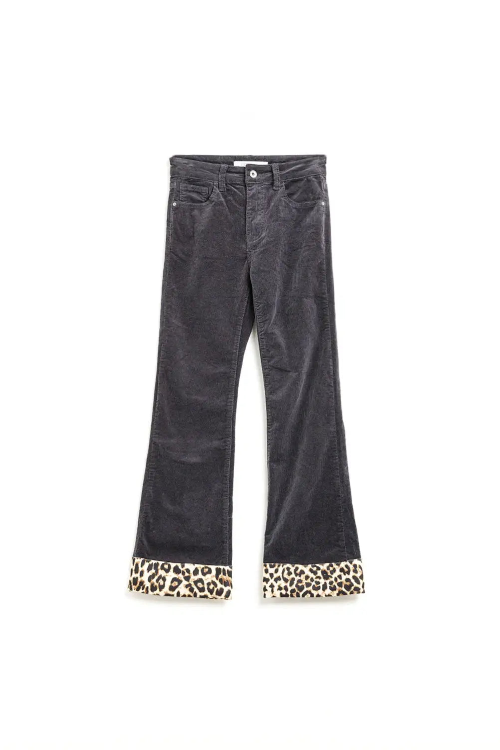 Dark grey Corduroy flare pants with leopard print at the bottom - Pants