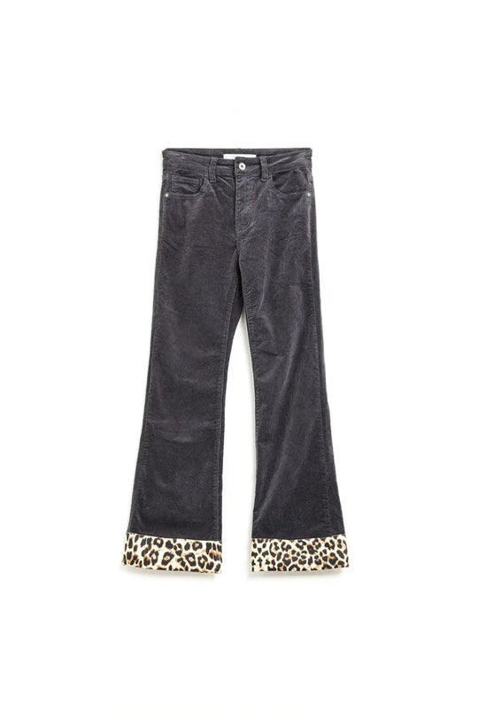 Dark grey Corduroy flare pants with leopard print at the bottom - Pants