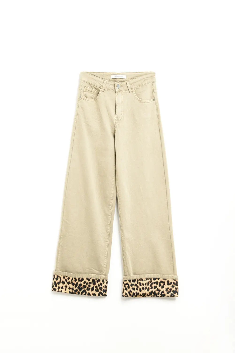 Wide leg beige pants with leopard print at the bottom - Colored Jeans