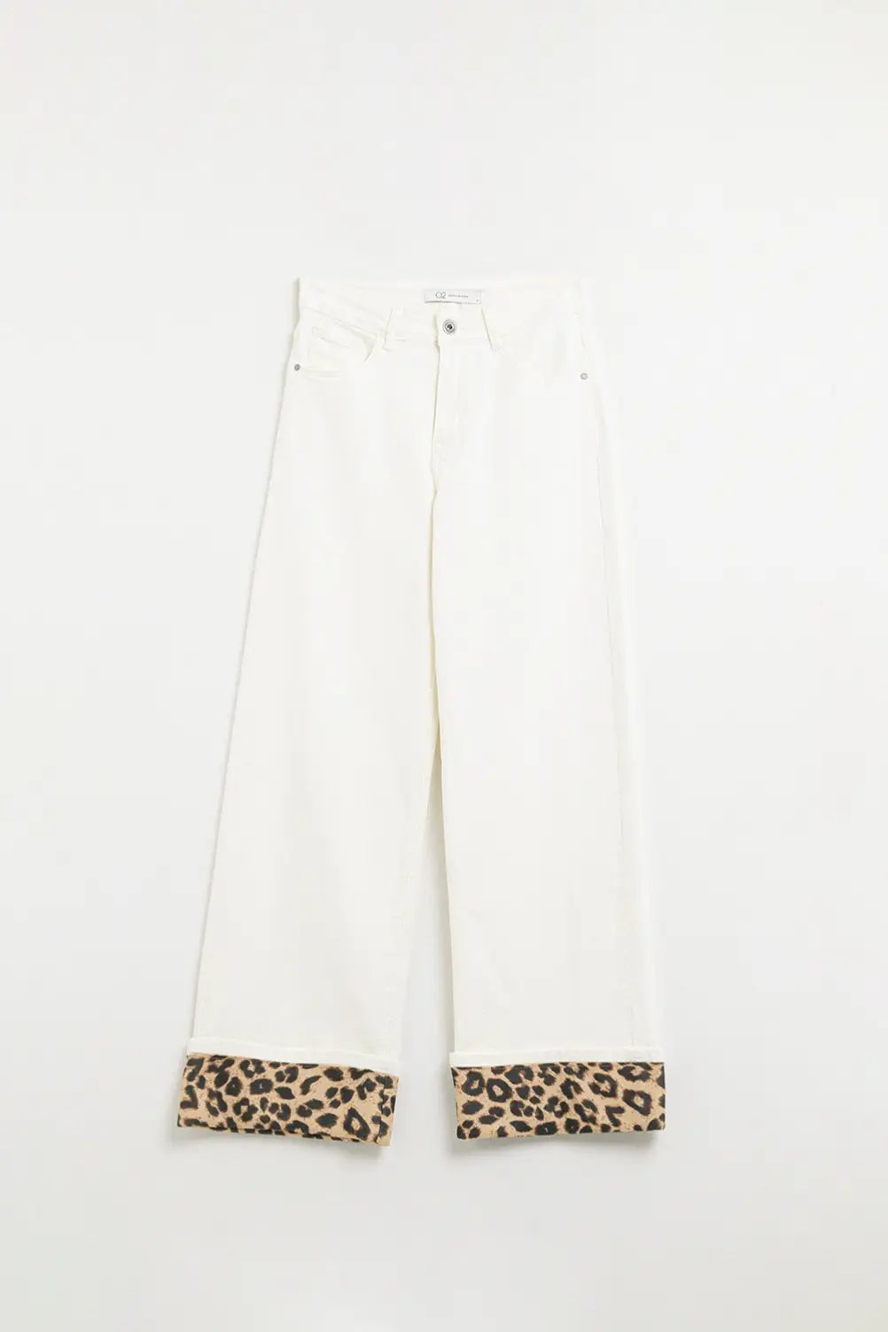 Wide leg cream pants with leopard print at the bottom - Colored Jeans