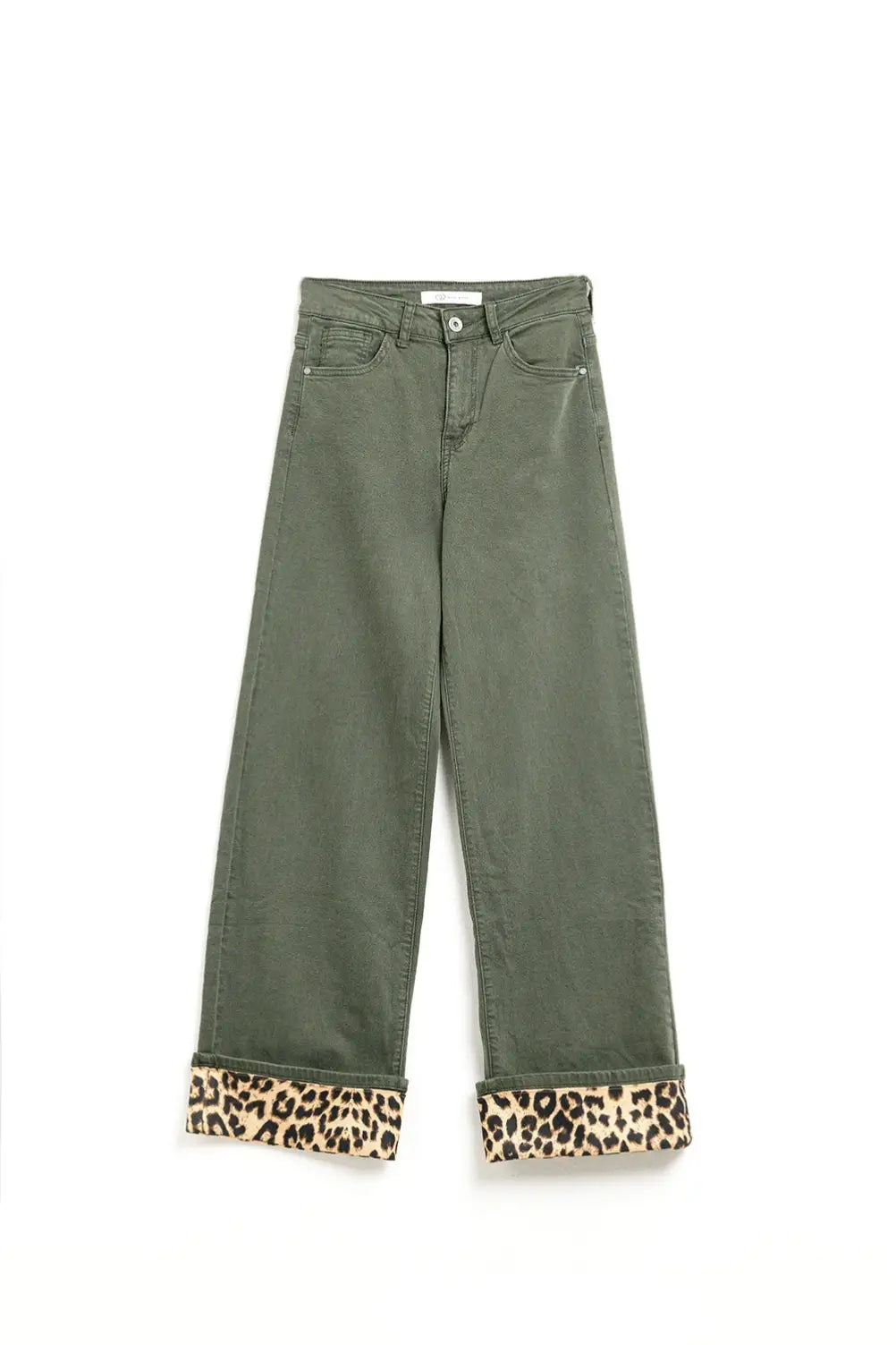 Wide leg military green pants with leopard print at the bottom - Colored Jeans