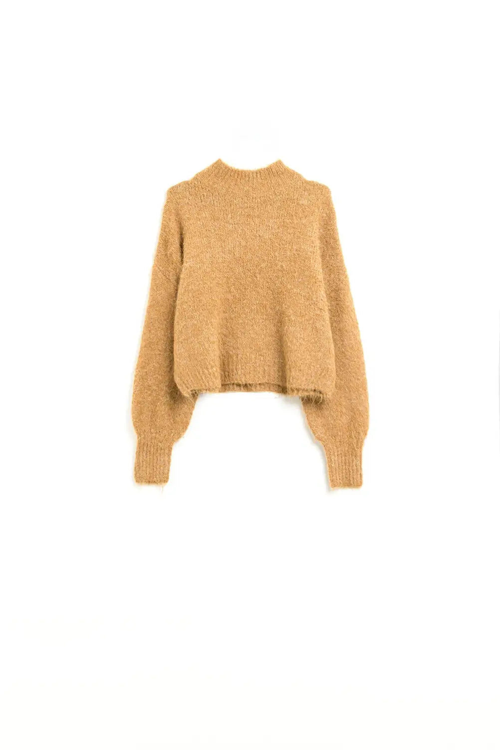 Fluffy camel sweater with high neck and balloon sleeves - Sweaters