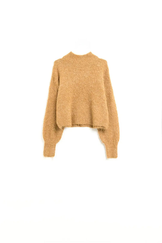 Fluffy camel sweater with high neck and balloon sleeves - Sweaters