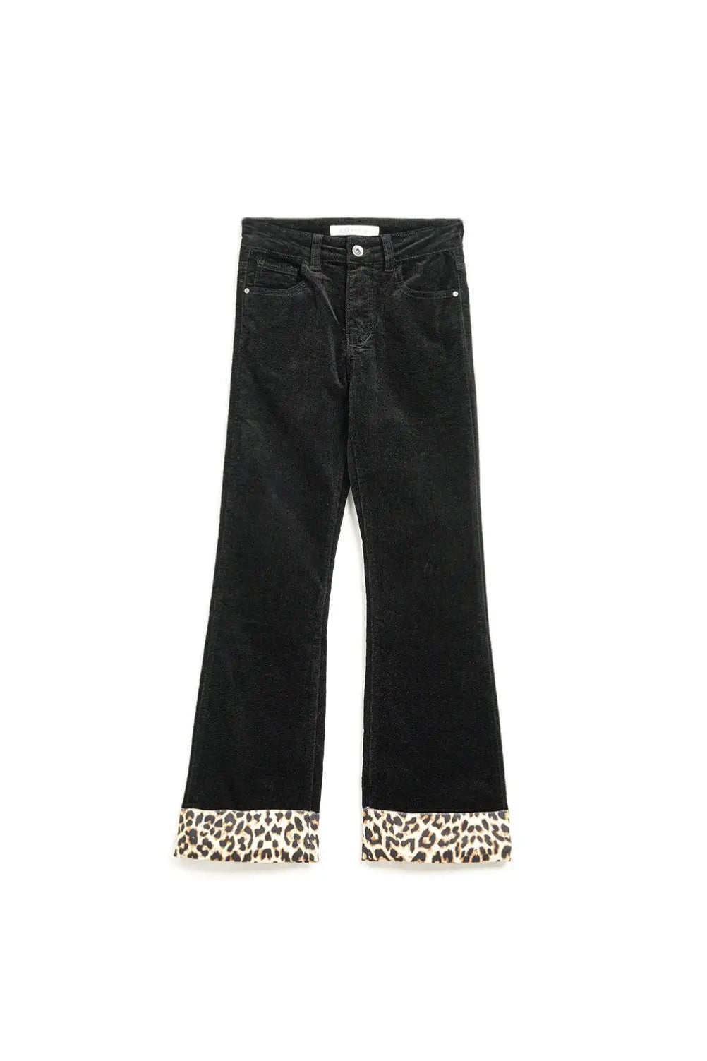 Black corduroy flare pants with leopard print at the bottom - Pants