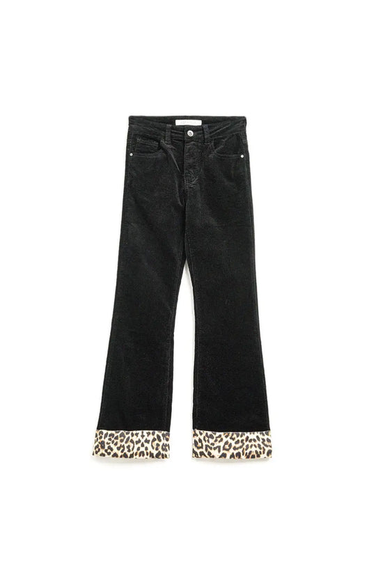 Black corduroy flare pants with leopard print at the bottom - Pants