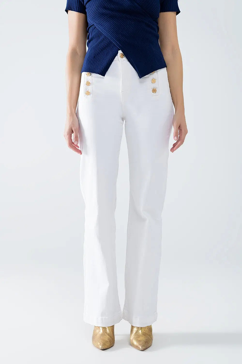 Straight Jeans With Gold Buttons At the Side in White - Pants