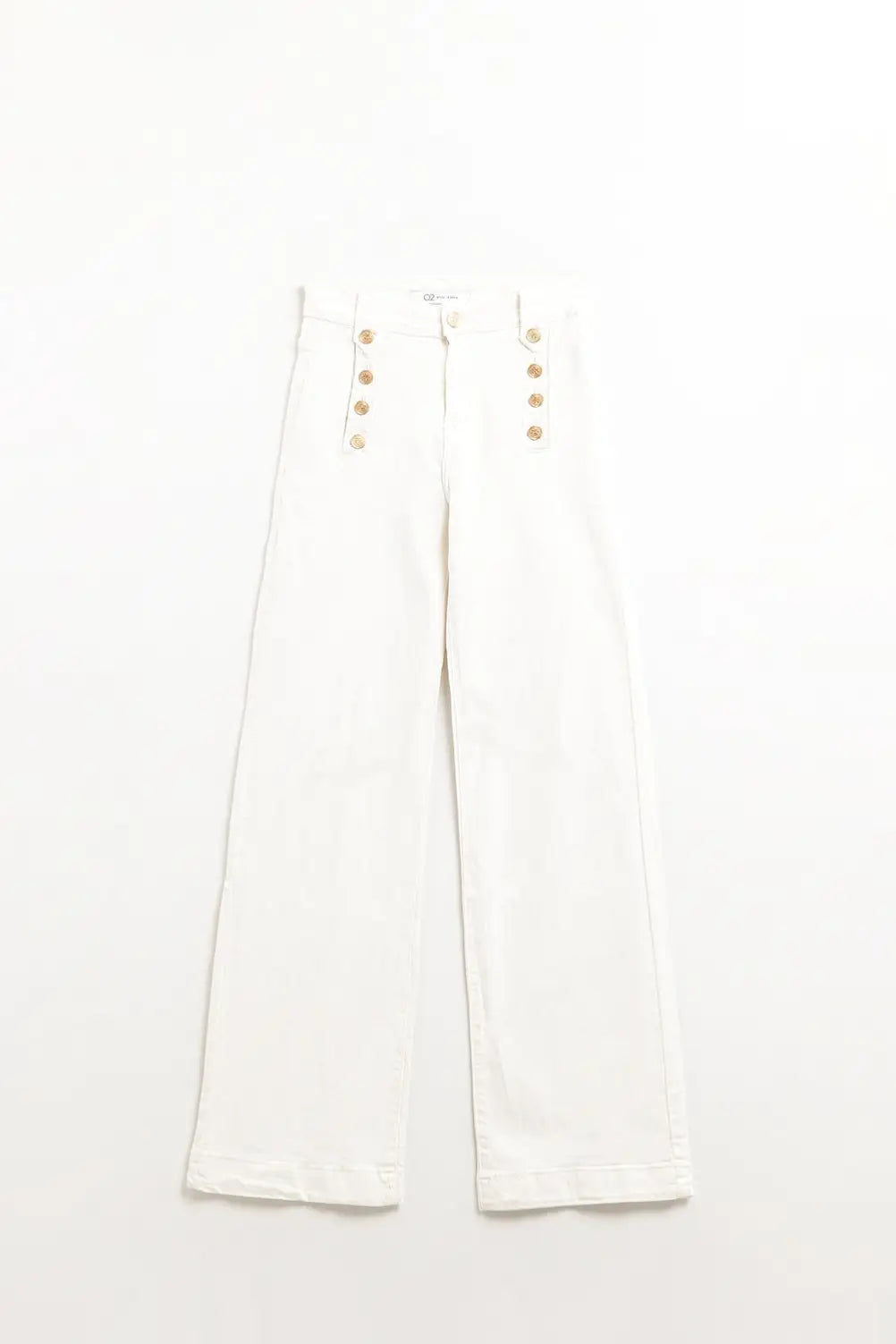 Straight Jeans With Gold Buttons At the Side in White - Pants