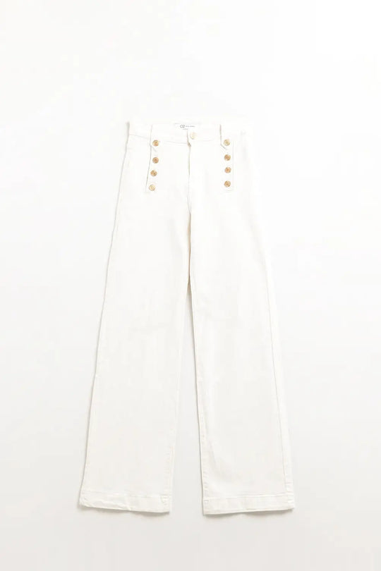 Straight Jeans With Gold Buttons At the Side in White - Pants