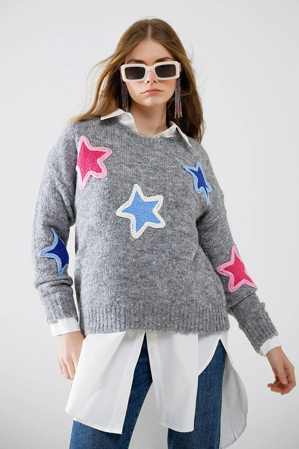 grey sweater With Embroidered Stars - GRAY / ONE - Sweaters