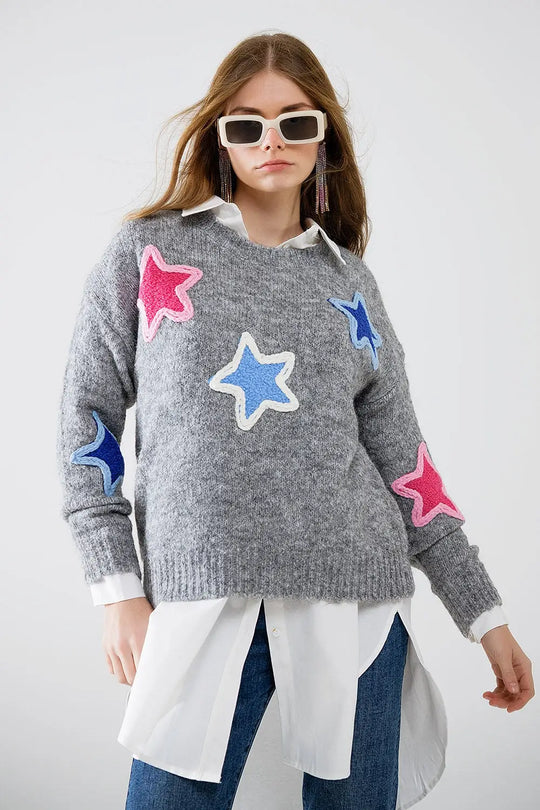 grey sweater With Embroidered Stars - GRAY / ONE - Sweaters