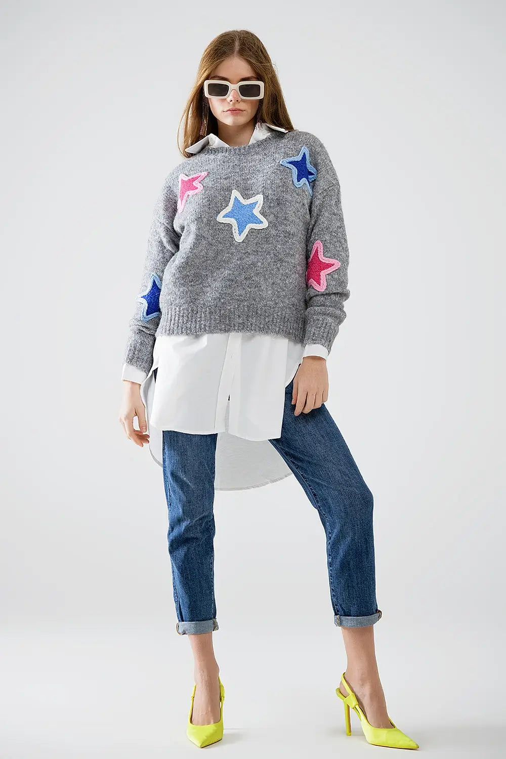 grey sweater With Embroidered Stars - GRAY / ONE - Sweaters