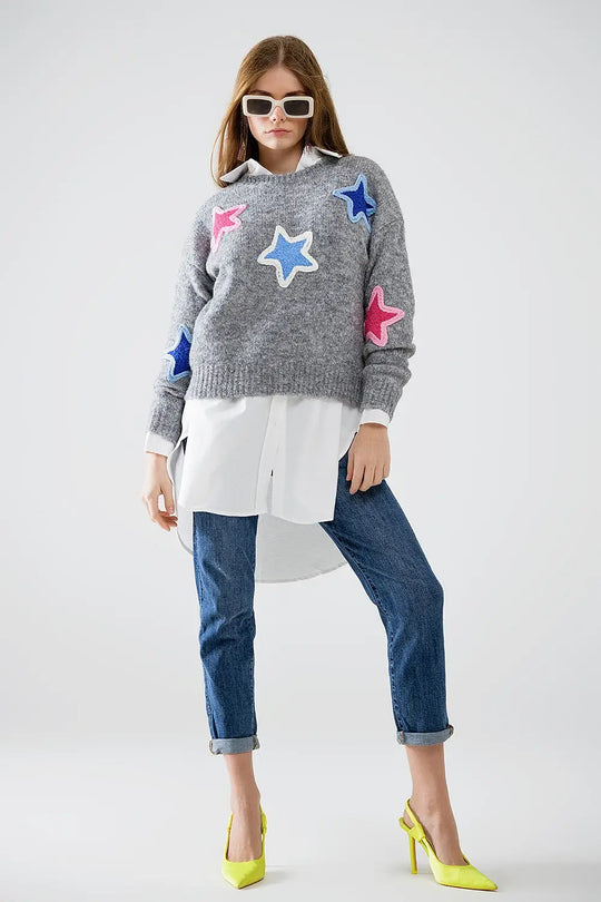 grey sweater With Embroidered Stars - GRAY / ONE - Sweaters
