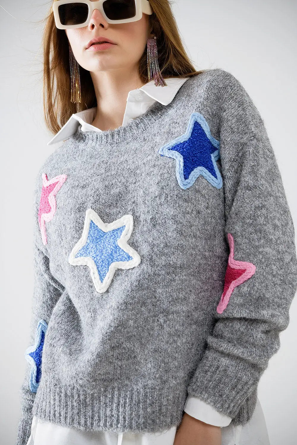 grey sweater With Embroidered Stars - GRAY / ONE - Sweaters