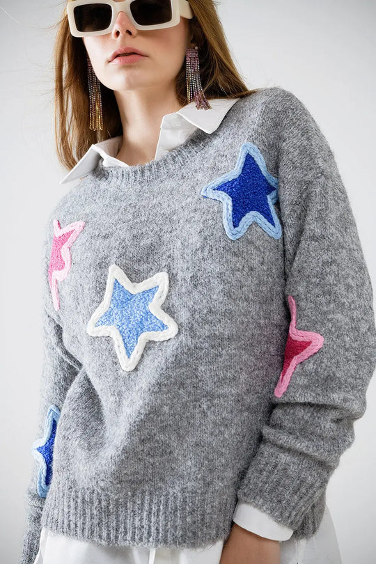 grey sweater With Embroidered Stars - GRAY / ONE - Sweaters