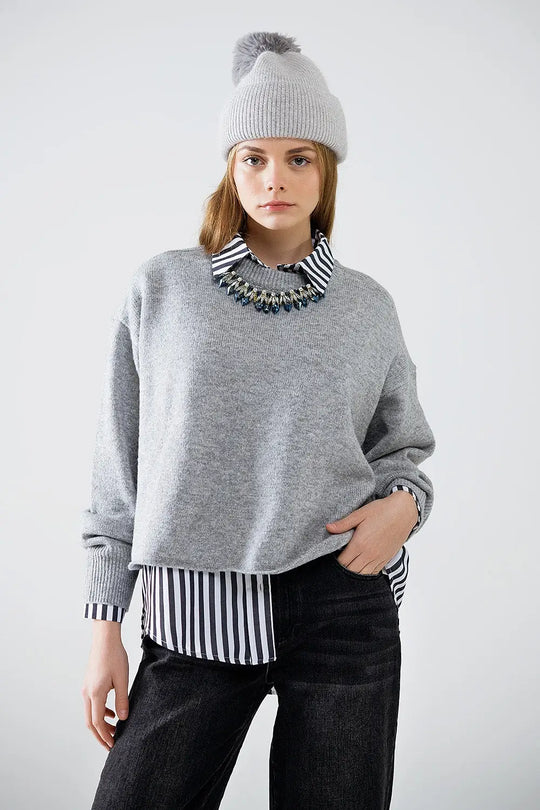 Soft knit grey jumper with balloon sleeves - GRAY / ONE - Sweaters