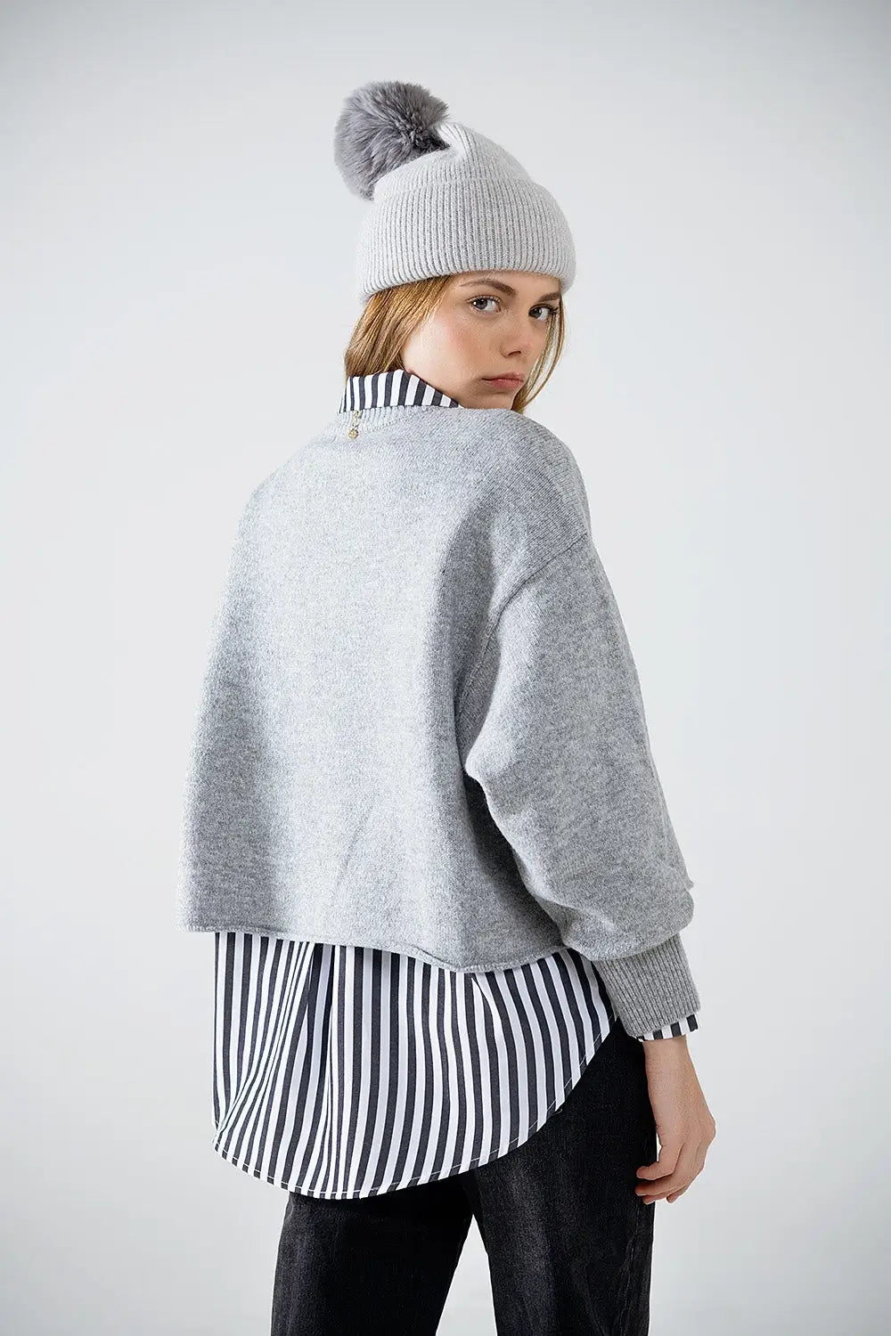 Soft knit grey jumper with balloon sleeves - GRAY / ONE - Sweaters