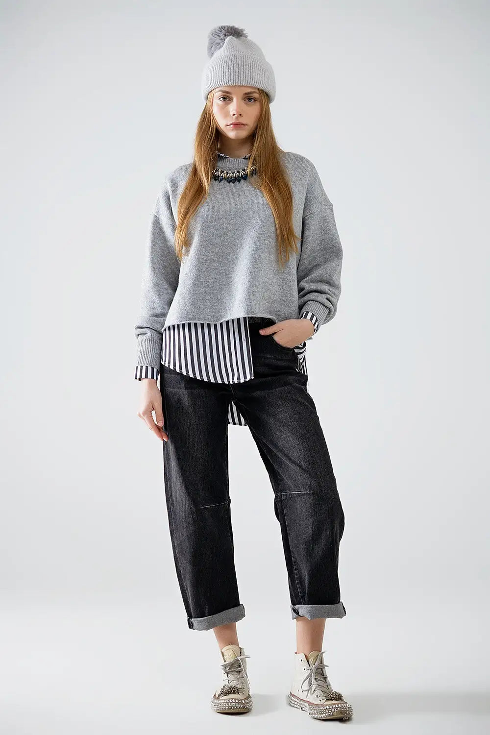 Soft knit grey jumper with balloon sleeves - GRAY / ONE - Sweaters