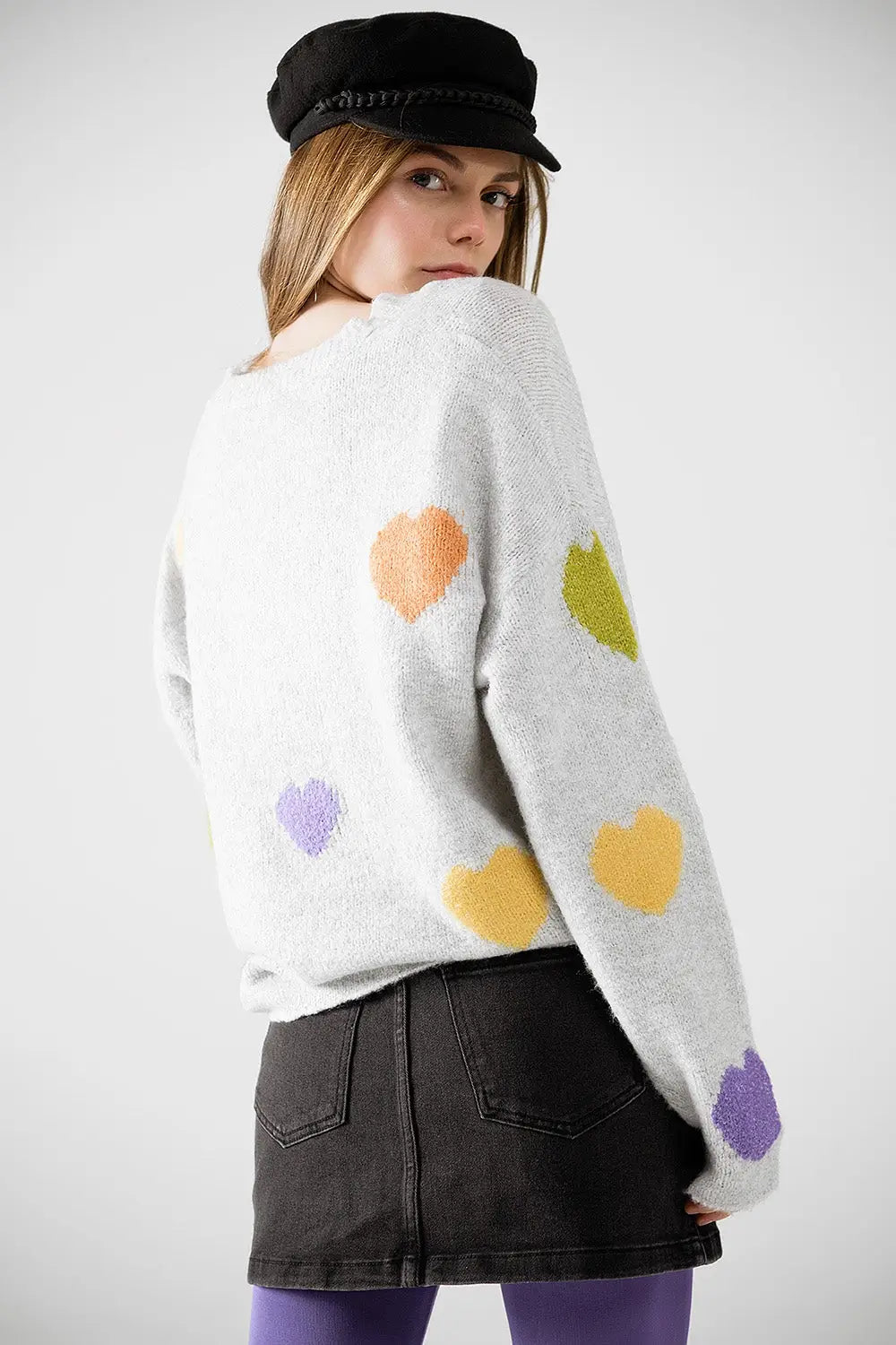 Grey sweater with boat neck and heart print - GRAY / ONE - Sweaters