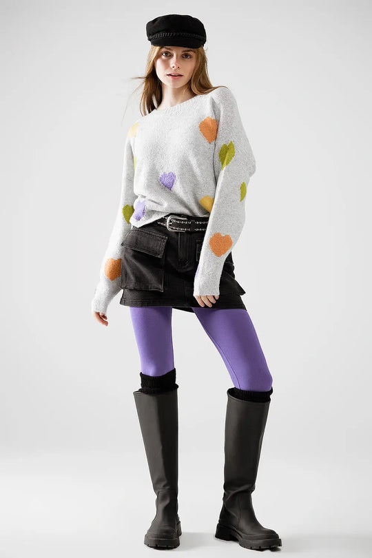 Grey sweater with boat neck and heart print - GRAY / ONE - Sweaters
