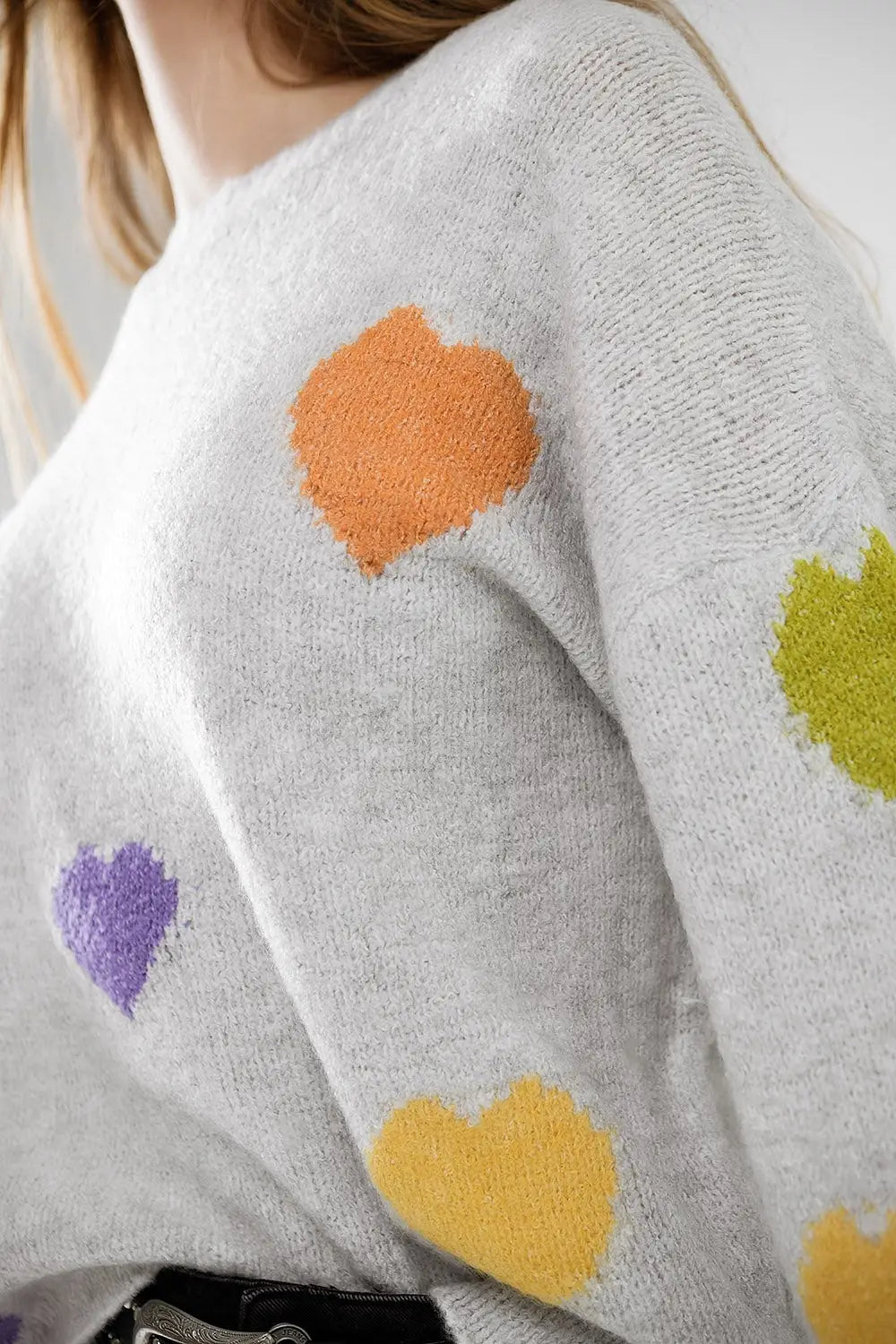 Grey sweater with boat neck and heart print - GRAY / ONE - Sweaters