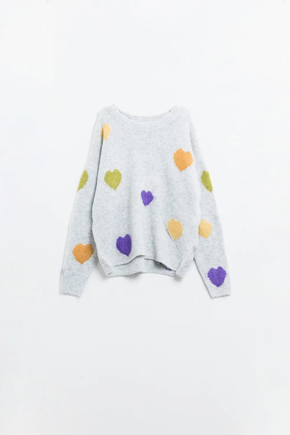 Grey sweater with boat neck and heart print - GRAY / ONE - Sweaters