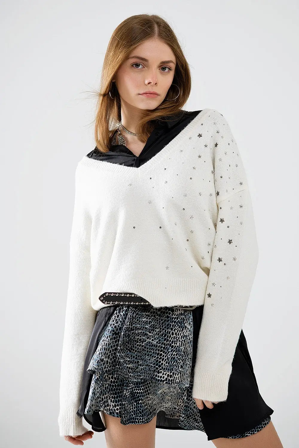 V-neck sweater embellished with metallic stars - Sweaters