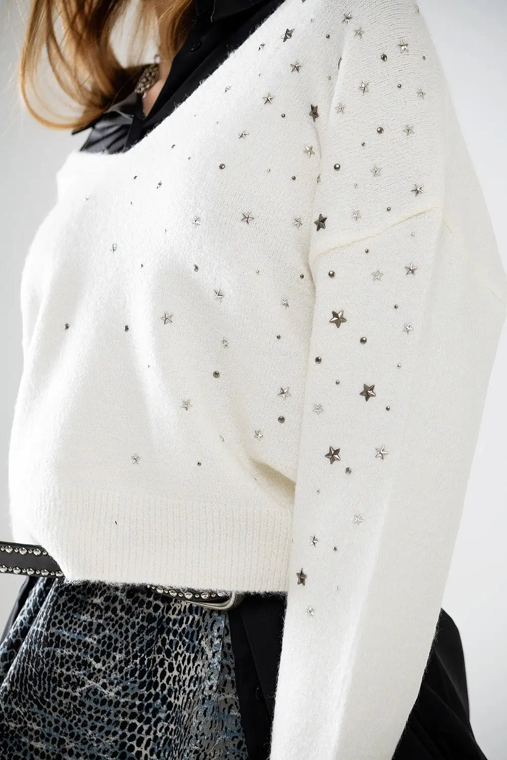 V-neck sweater embellished with metallic stars - Sweaters