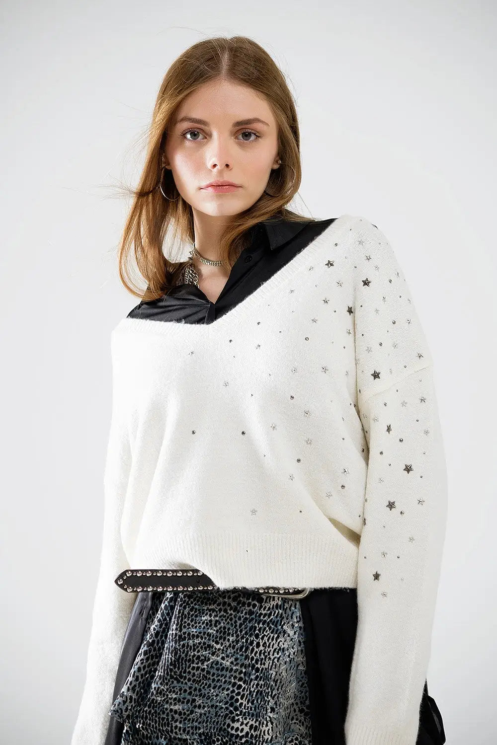 V-neck sweater embellished with metallic stars - Sweaters